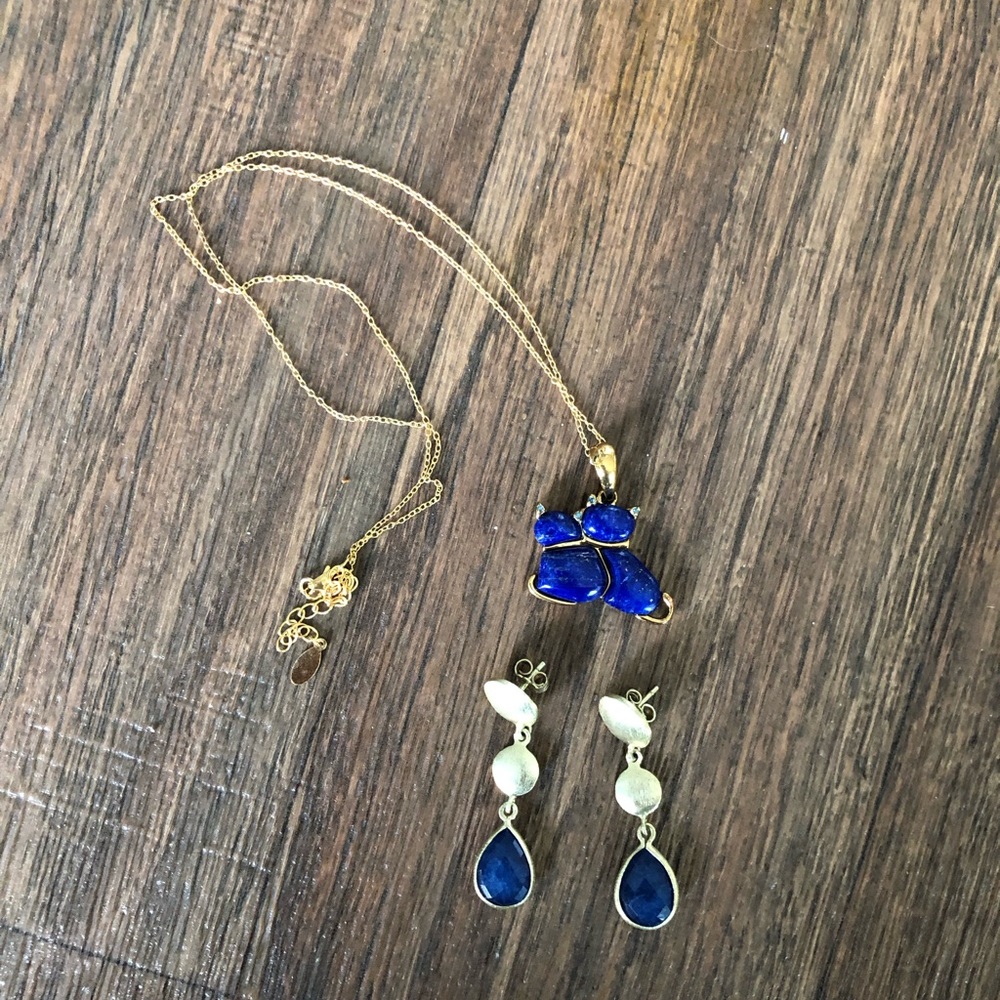 lapis colored best friends cat pendant necklace and drop earrings set